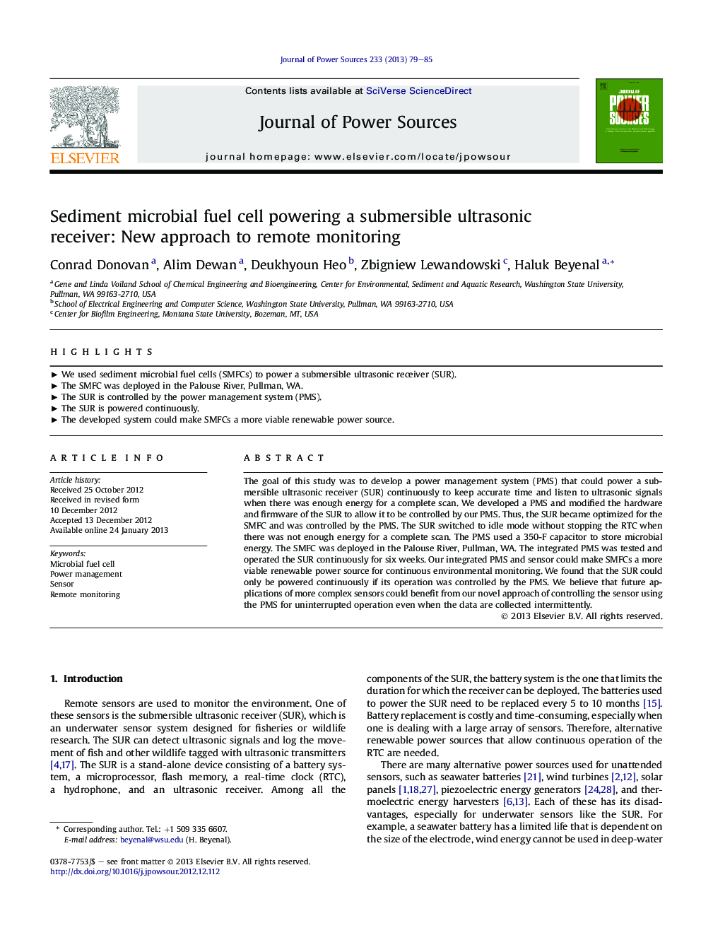 Sediment microbial fuel cell powering a submersible ultrasonic receiver: New approach to remote monitoring