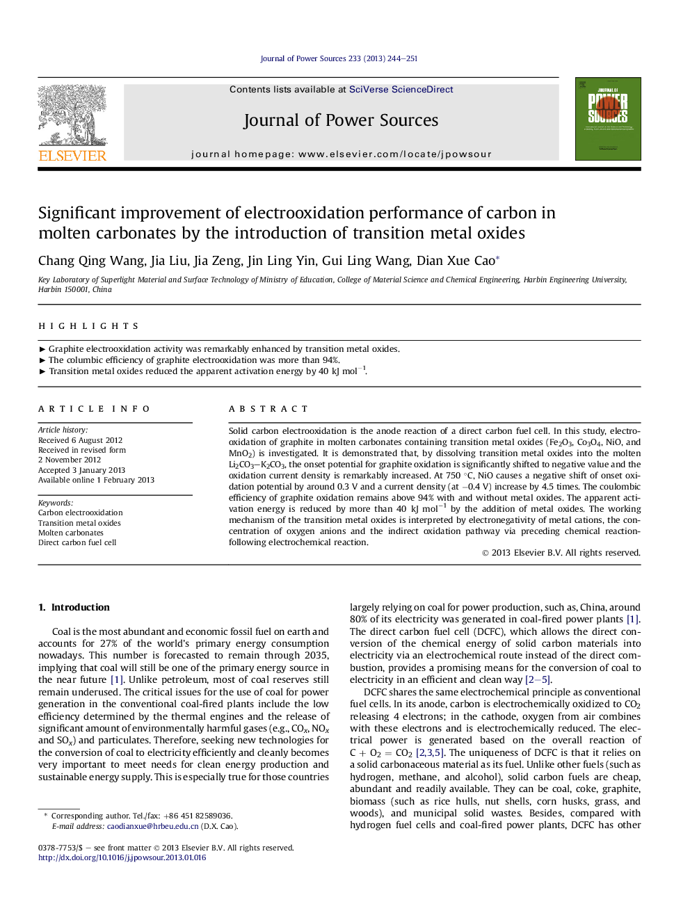 Significant improvement of electrooxidation performance of carbon in molten carbonates by the introduction of transition metal oxides