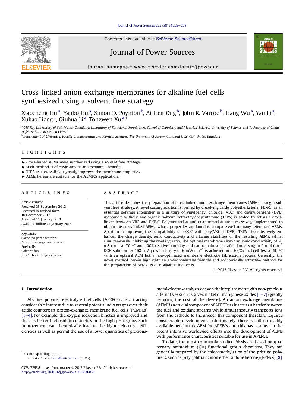 Cross-linked anion exchange membranes for alkaline fuel cells synthesized using a solvent free strategy