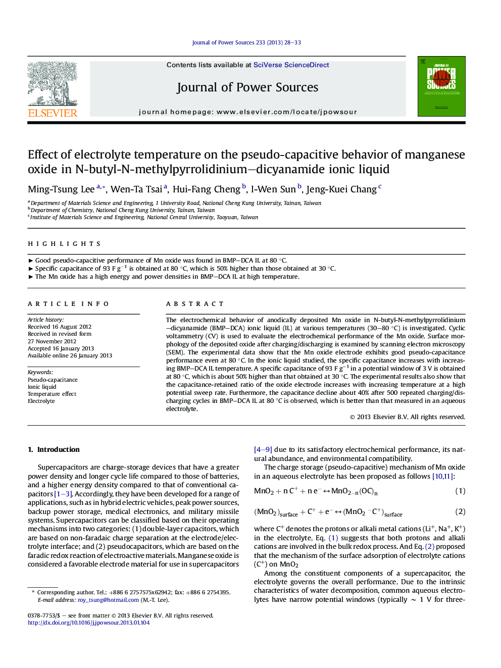 Effect of electrolyte temperature on the pseudo-capacitive behavior of manganese oxide in N-butyl-N-methylpyrrolidinium–dicyanamide ionic liquid