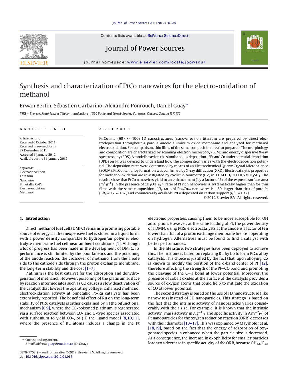 Synthesis and characterization of PtCo nanowires for the electro-oxidation of methanol