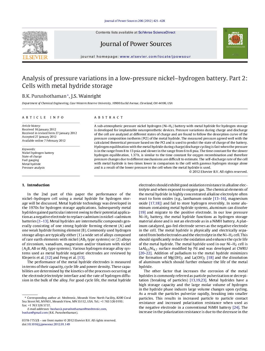 Analysis of pressure variations in a low-pressure nickel-hydrogen battery. Part 2: Cells with metal hydride storage