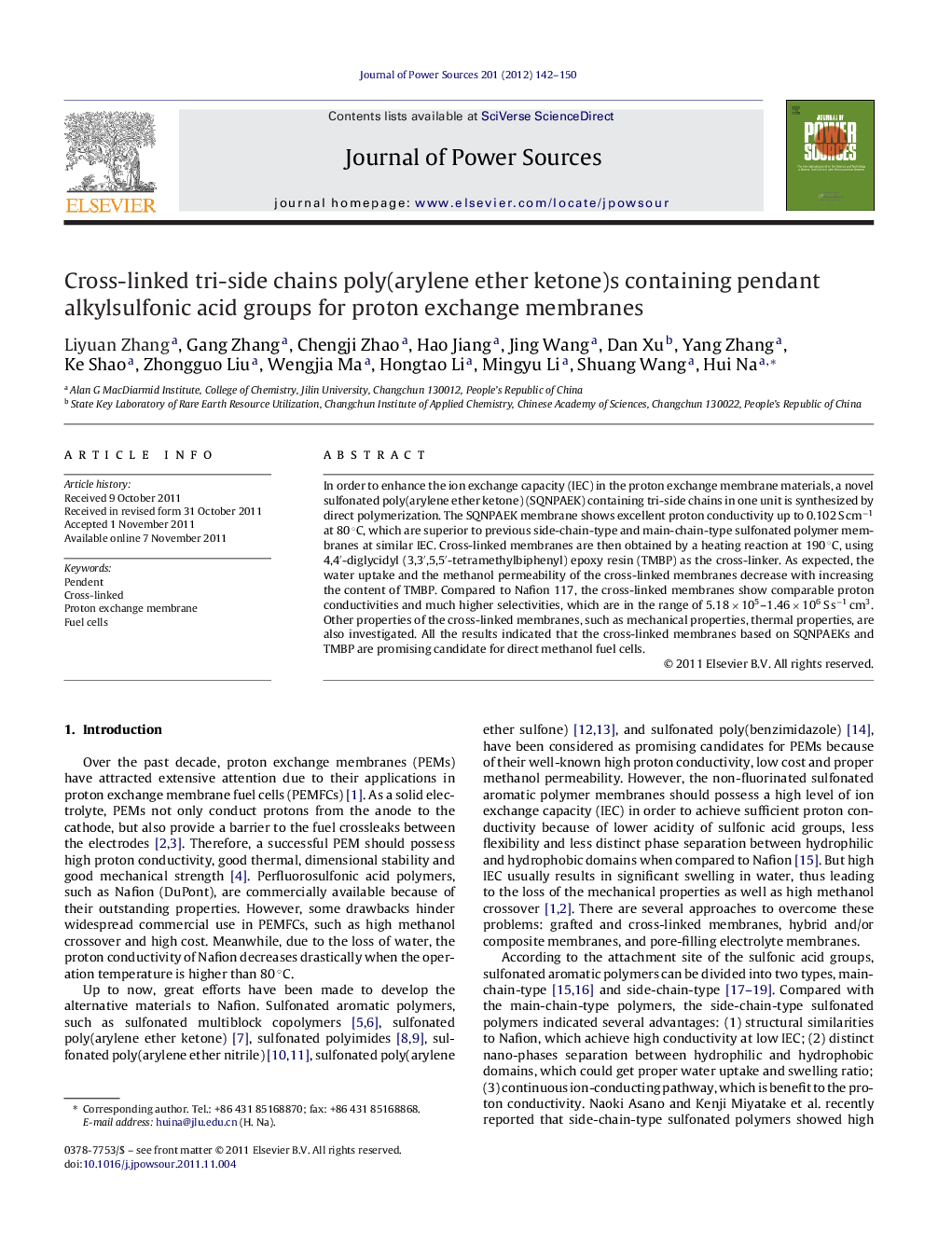 Cross-linked tri-side chains poly(arylene ether ketone)s containing pendant alkylsulfonic acid groups for proton exchange membranes