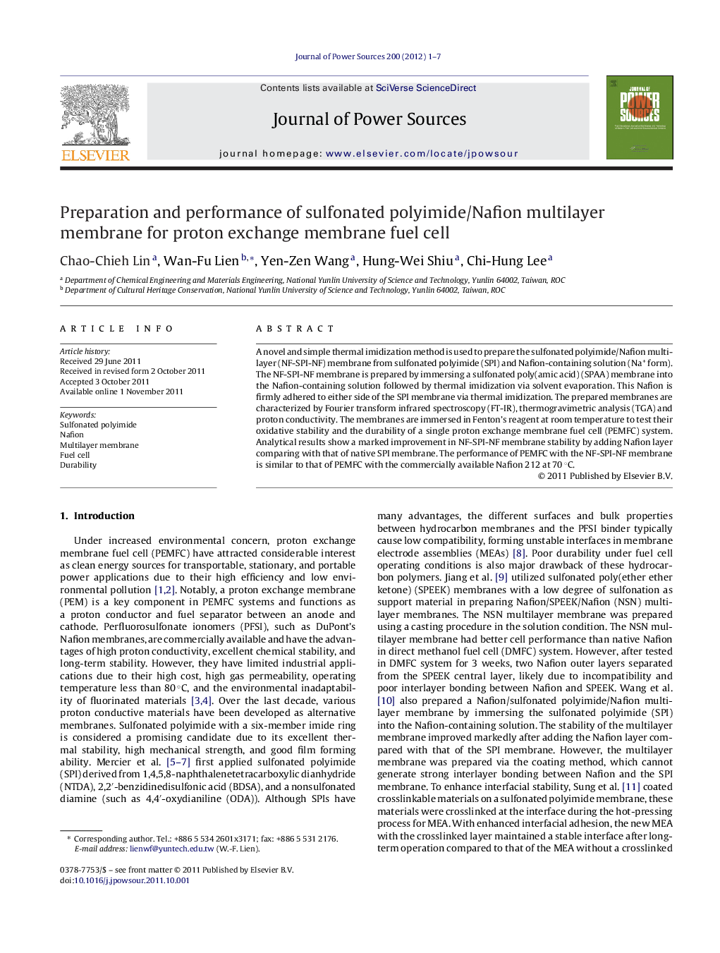 Preparation and performance of sulfonated polyimide/Nafion multilayer membrane for proton exchange membrane fuel cell