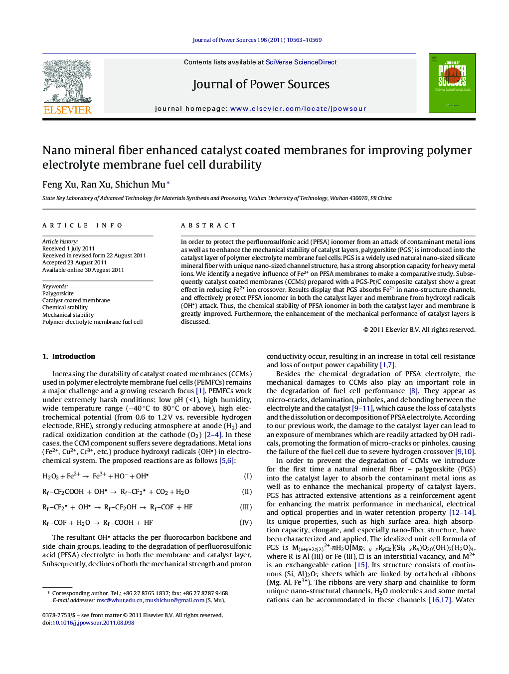 عکس صفحه اول مقاله: Nano mineral fiber enhanced catalyst coated membranes for improving polymer electrolyte membrane fuel cell durability Nano mineral fiber enhanced catalyst coated membranes for improving polymer electrolyte membrane fuel cell durability