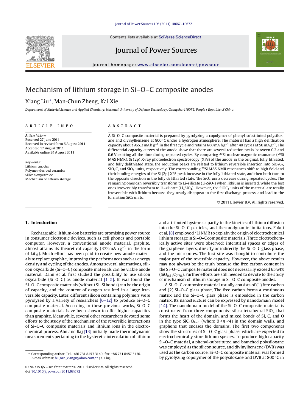 Mechanism of lithium storage in Si–O–C composite anodes