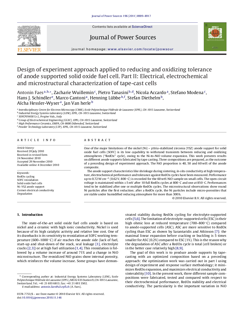 عکس صفحه اول مقاله: Design of experiment approach applied to reducing and oxidizing tolerance of anode supported solid oxide fuel cell. Part II: Electrical, electrochemical and microstructural characterization of tape-cast cells Design of experiment approach applied to reducing and oxidizing tolerance of anode supported solid oxide fuel cell. Part II: Electrical, electrochemical and microstructural characterization of tape-cast cells