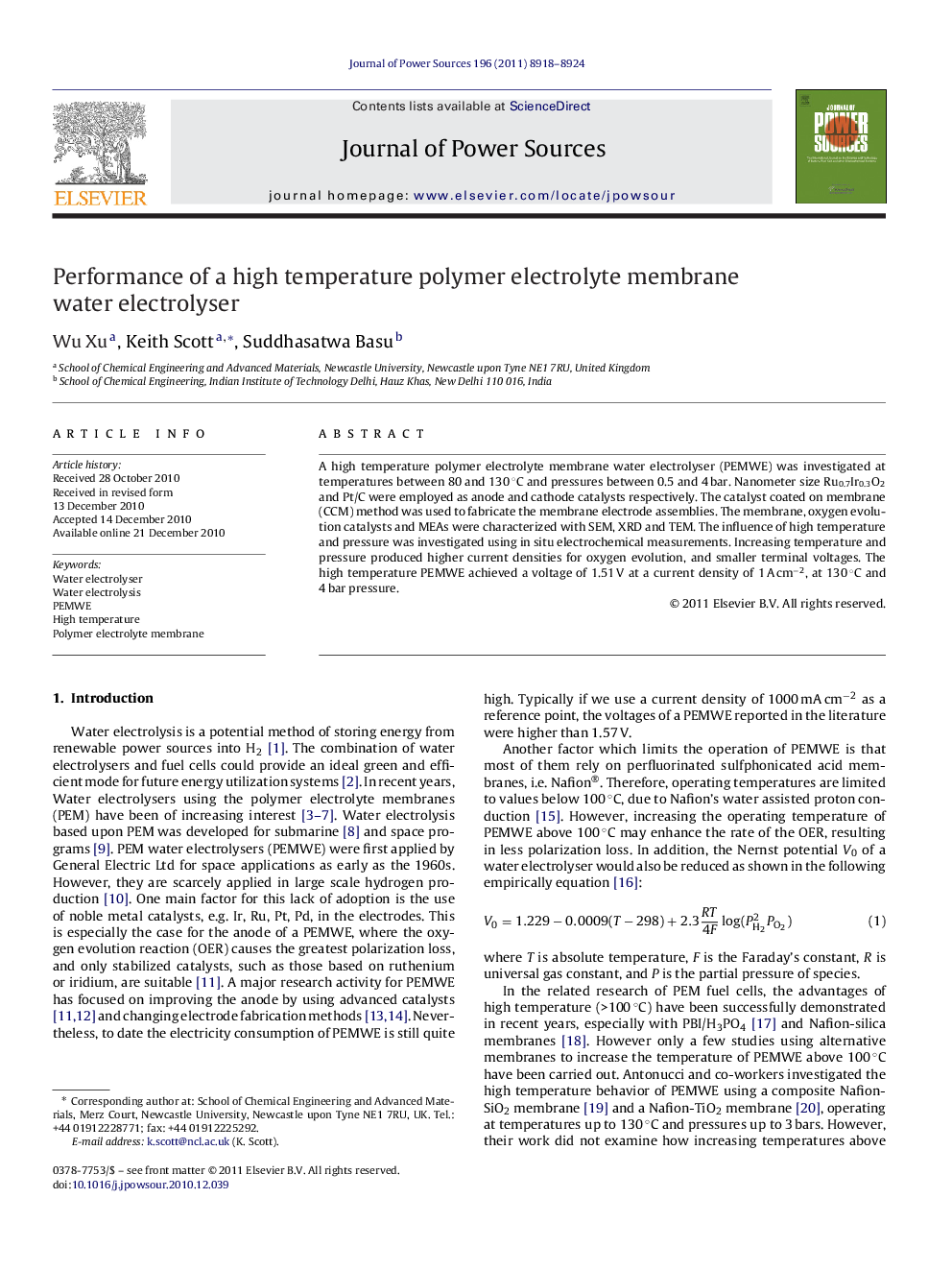 Performance of a high temperature polymer electrolyte membrane water electrolyser