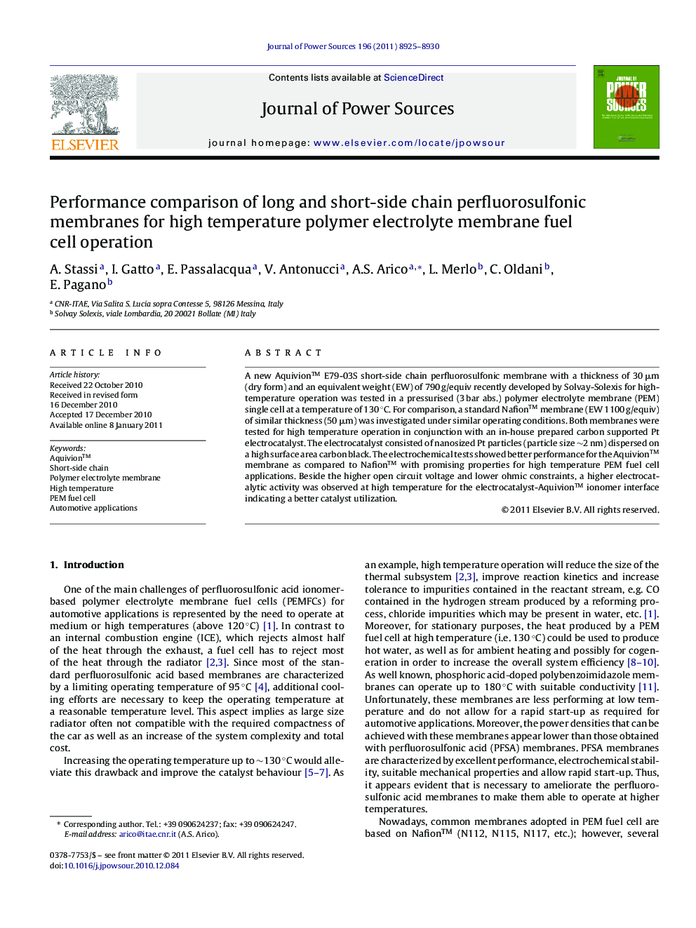 Performance comparison of long and short-side chain perfluorosulfonic membranes for high temperature polymer electrolyte membrane fuel cell operation