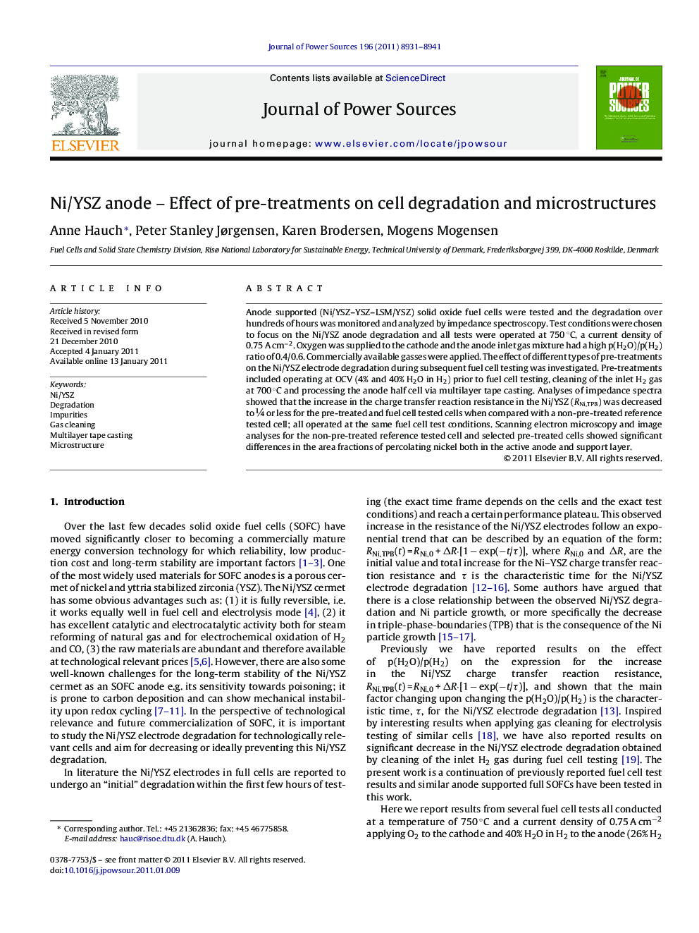 Ni/YSZ anode – Effect of pre-treatments on cell degradation and microstructures