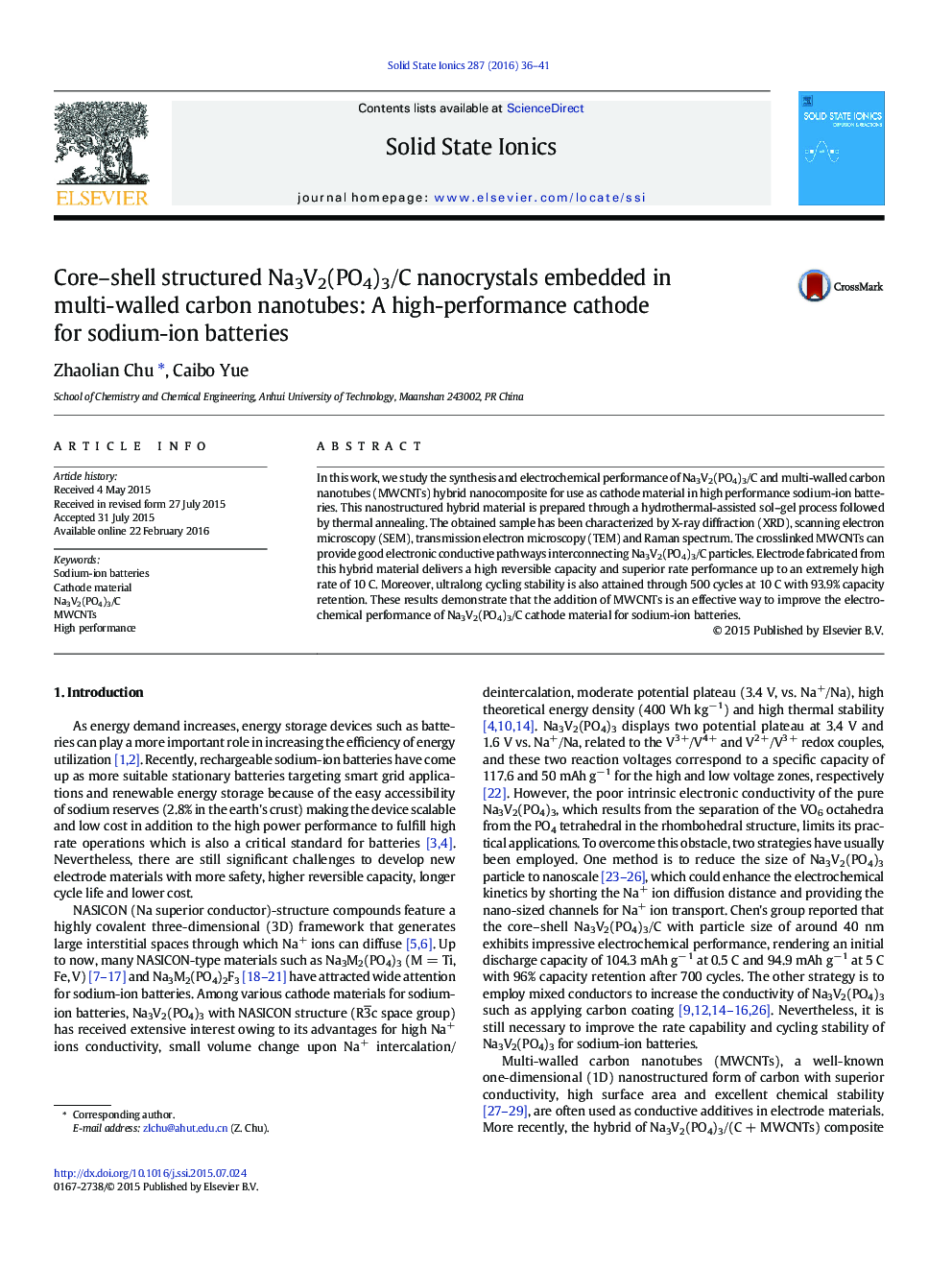 Core–shell structured Na3V2(PO4)3/C nanocrystals embedded in multi-walled carbon nanotubes: A high-performance cathode for sodium-ion batteries