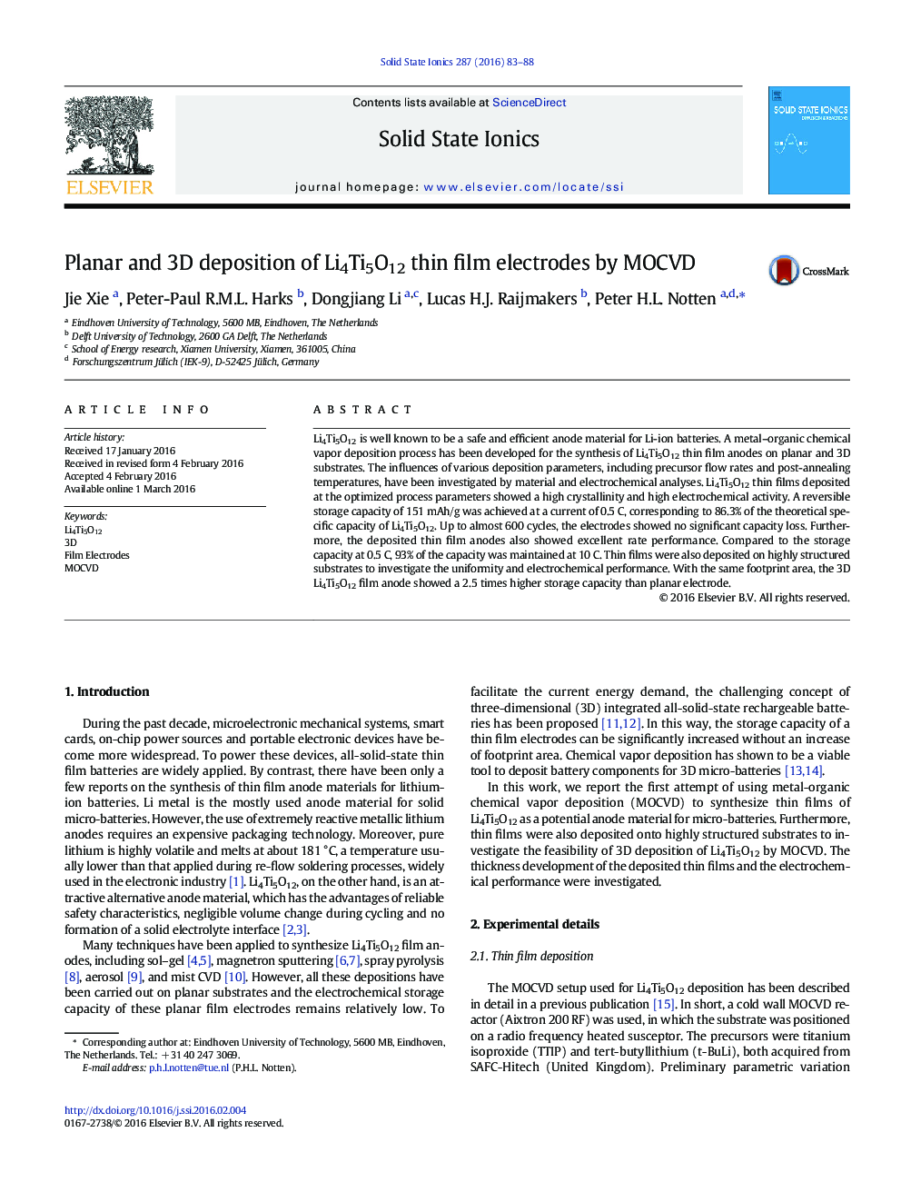 Planar and 3D deposition of Li4Ti5O12 thin film electrodes by MOCVD