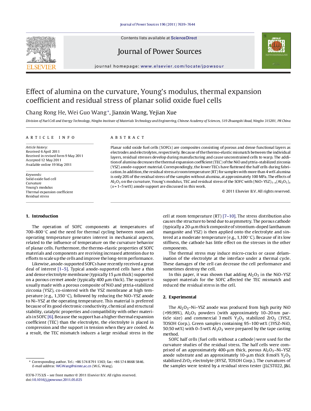 Effect of alumina on the curvature, Young's modulus, thermal expansion coefficient and residual stress of planar solid oxide fuel cells