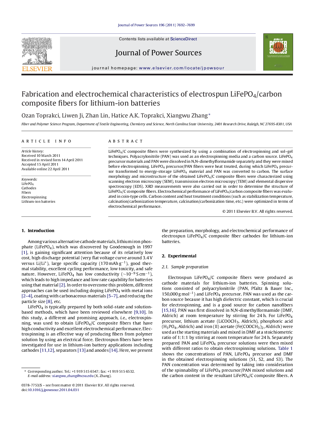 Fabrication and electrochemical characteristics of electrospun LiFePO4/carbon composite fibers for lithium-ion batteries