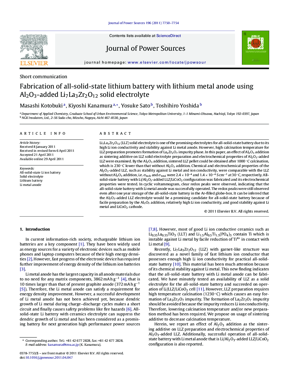 Fabrication of all-solid-state lithium battery with lithium metal anode using Al2O3-added Li7La3Zr2O12 solid electrolyte