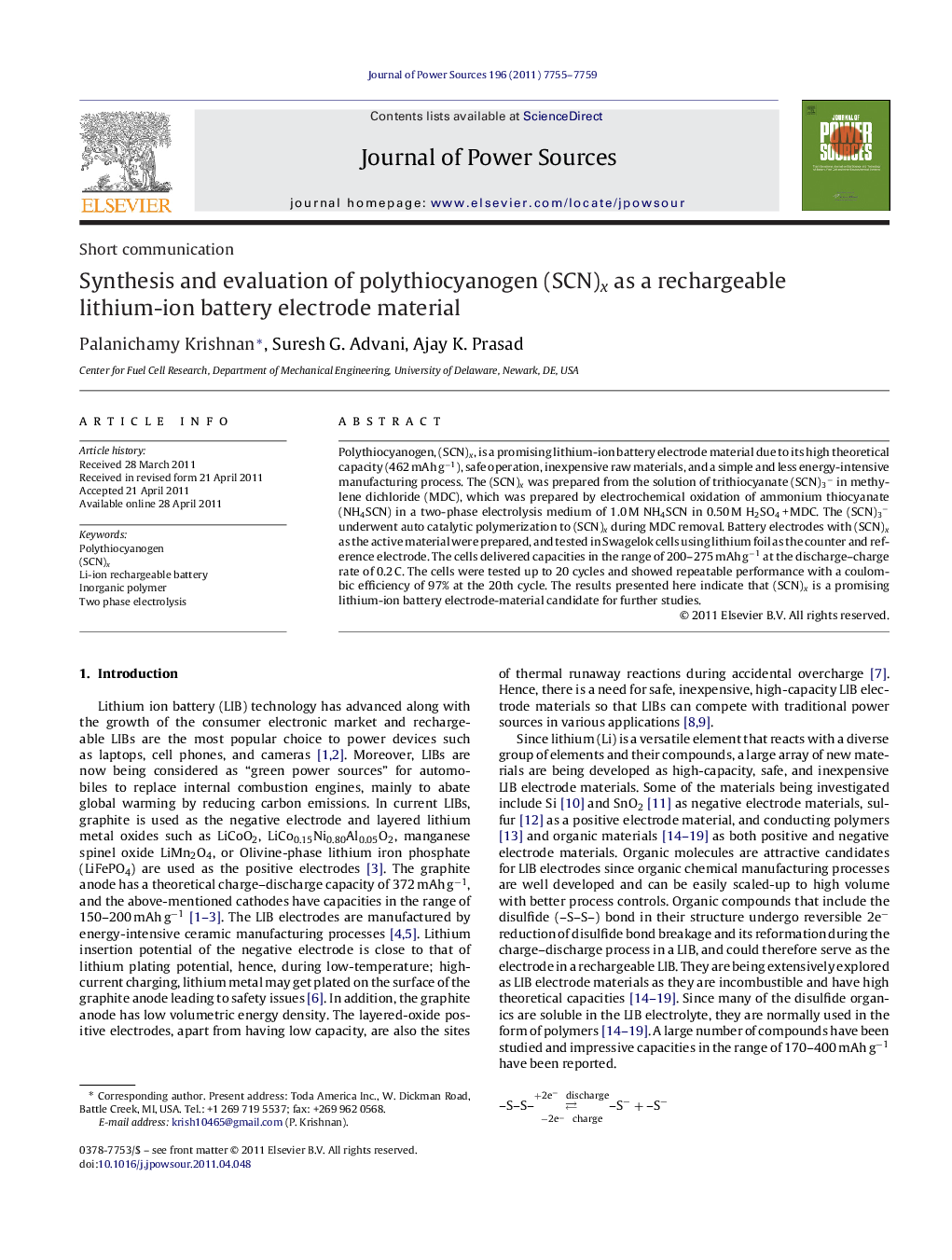 Synthesis and evaluation of polythiocyanogen (SCN)x as a rechargeable lithium-ion battery electrode material