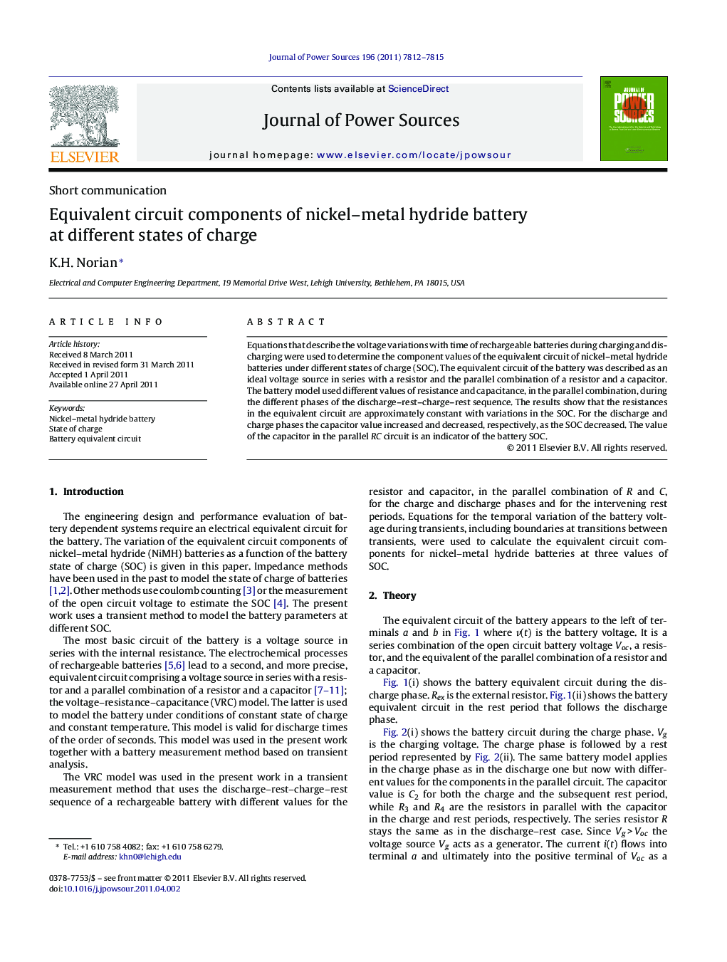 Equivalent circuit components of nickel–metal hydride battery at different states of charge