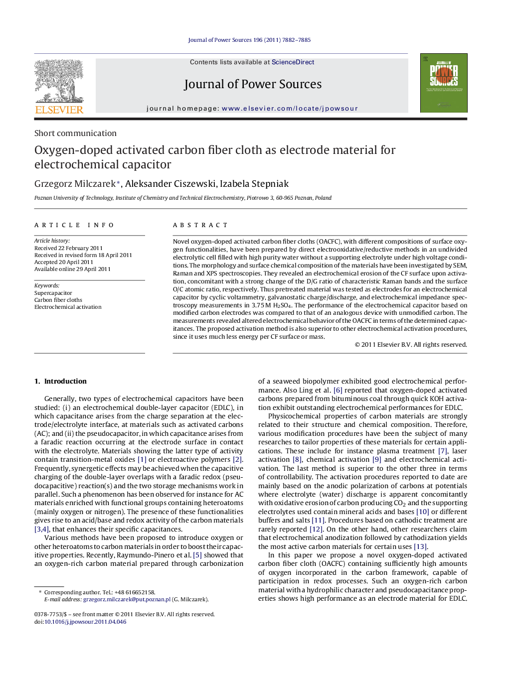 Oxygen-doped activated carbon fiber cloth as electrode material for electrochemical capacitor