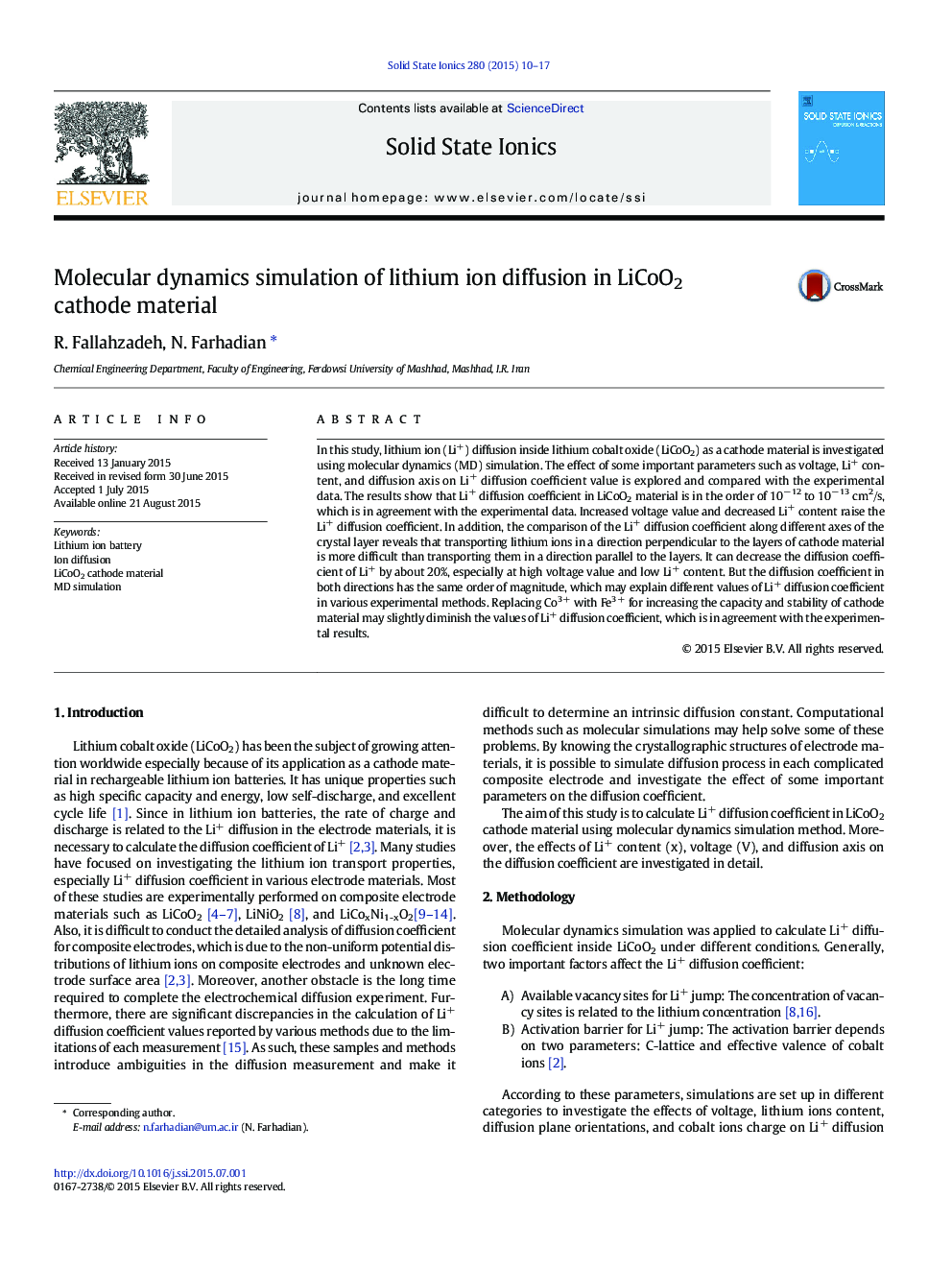 Molecular dynamics simulation of lithium ion diffusion in LiCoO2 cathode material