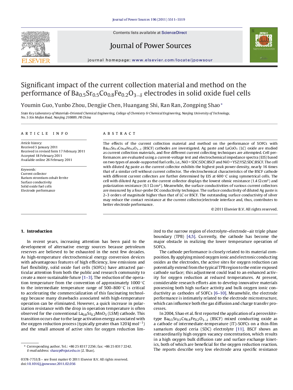 Significant impact of the current collection material and method on the performance of Ba0.5Sr0.5Co0.8Fe0.2O3−δ electrodes in solid oxide fuel cells