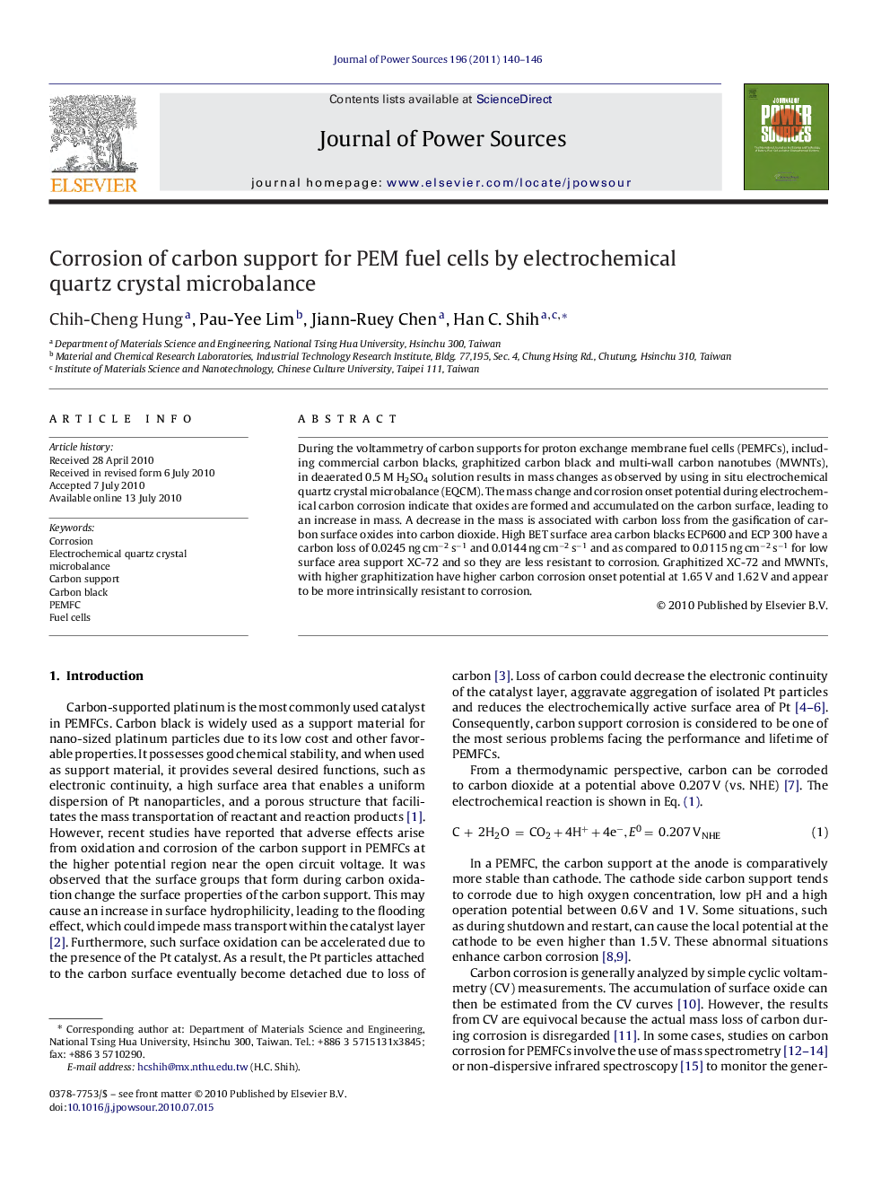 Corrosion of carbon support for PEM fuel cells by electrochemical quartz crystal microbalance