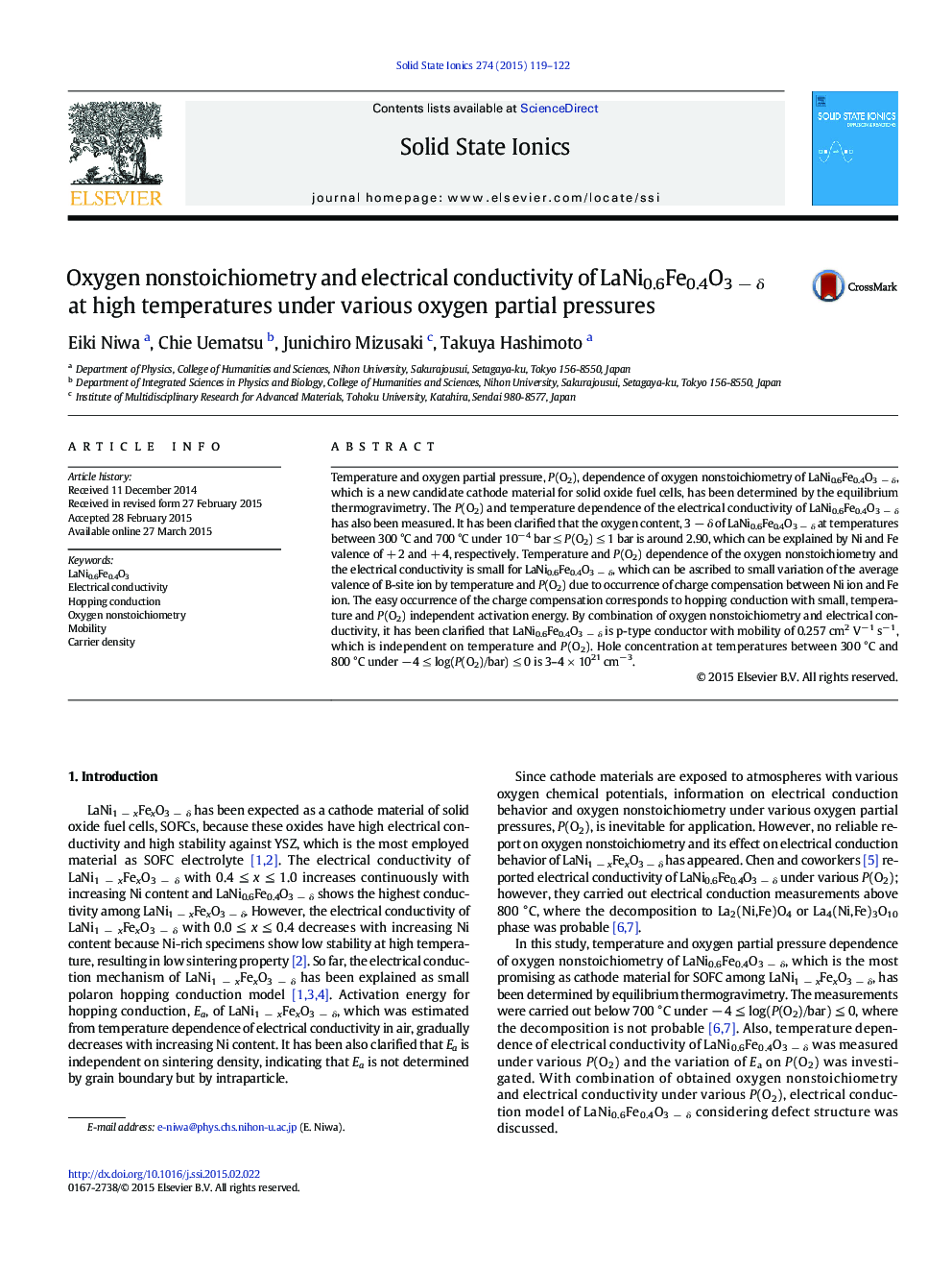 Oxygen nonstoichiometry and electrical conductivity of LaNi0.6Fe0.4O3 − δ at high temperatures under various oxygen partial pressures