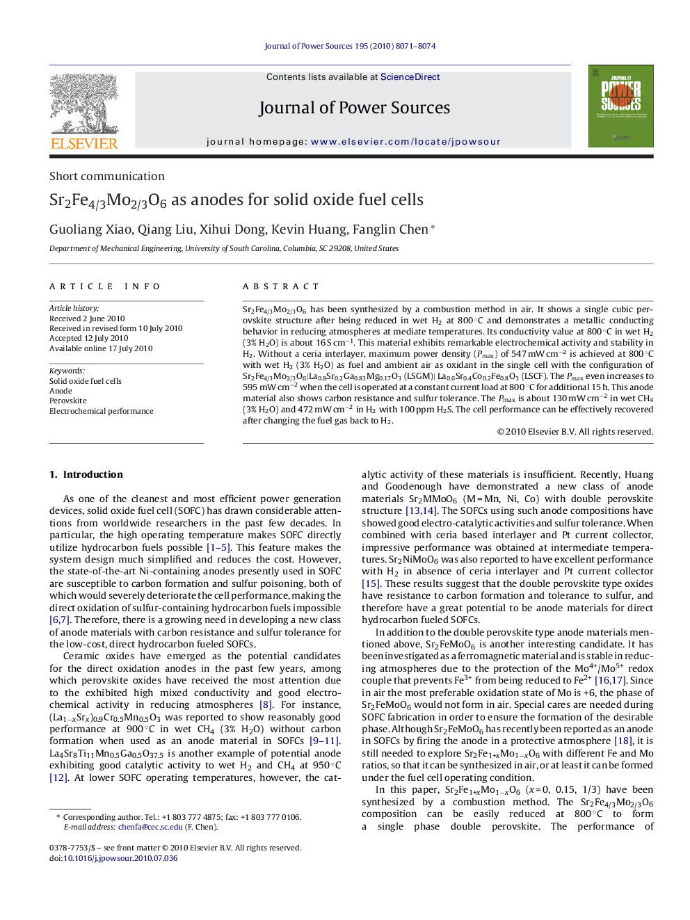 Sr2Fe4/3Mo2/3O6 as anodes for solid oxide fuel cells