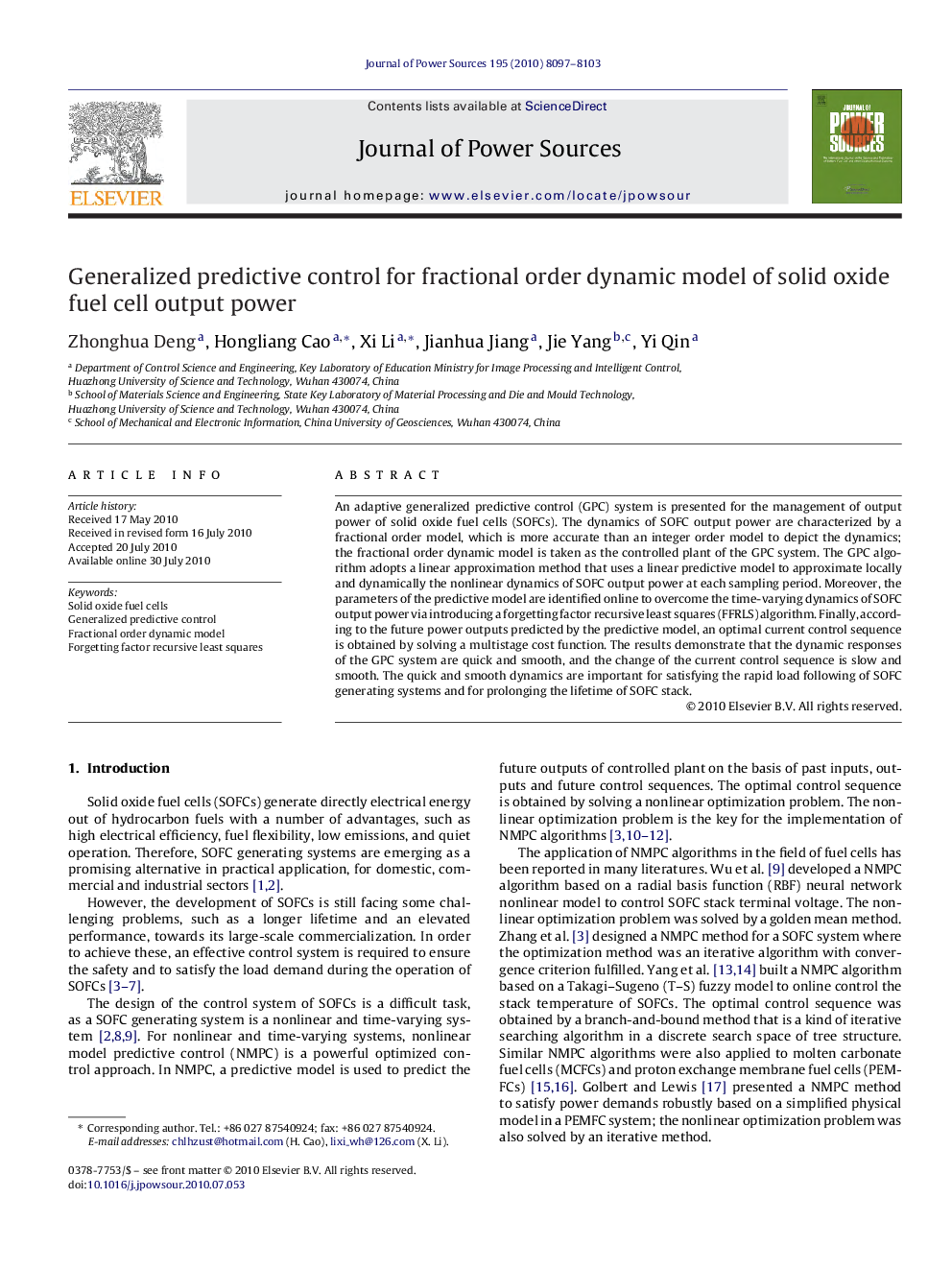 Generalized predictive control for fractional order dynamic model of solid oxide fuel cell output power