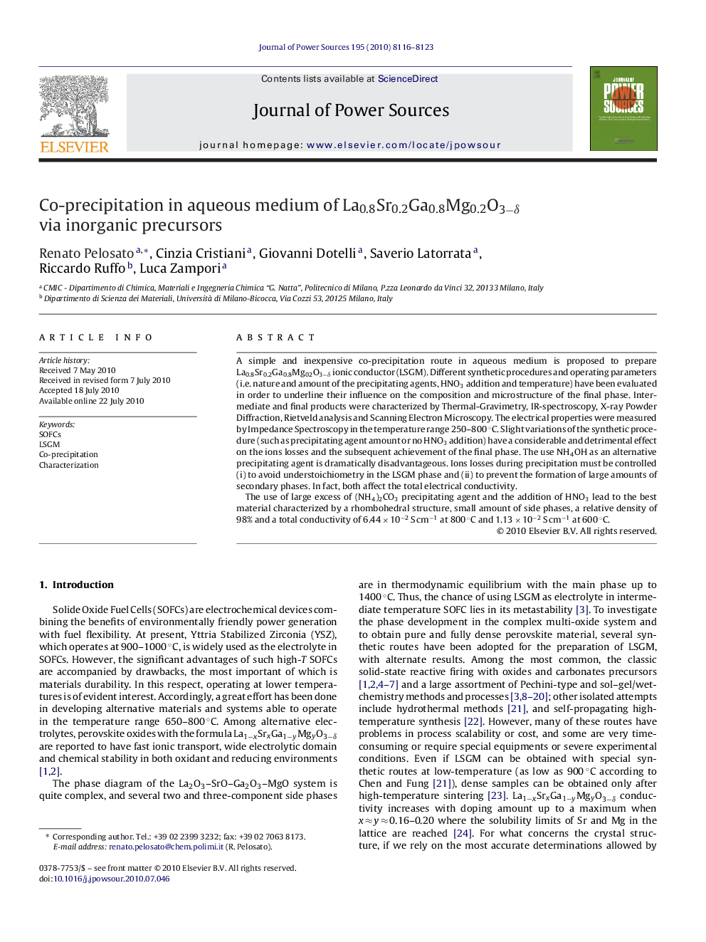 Co-precipitation in aqueous medium of La0.8Sr0.2Ga0.8Mg0.2O3−δ via inorganic precursors