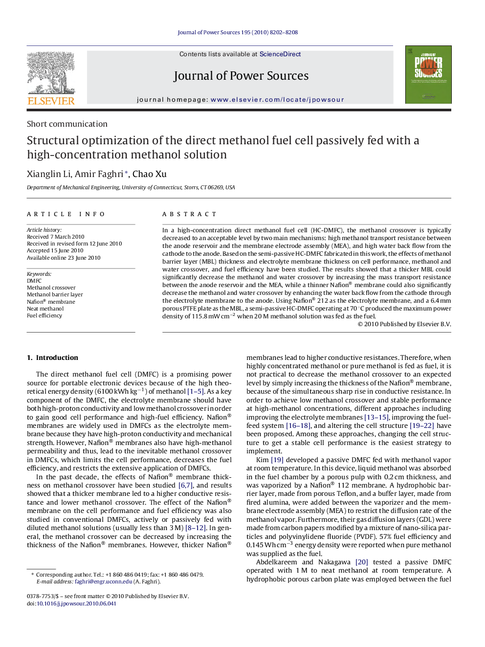 Structural optimization of the direct methanol fuel cell passively fed with a high-concentration methanol solution