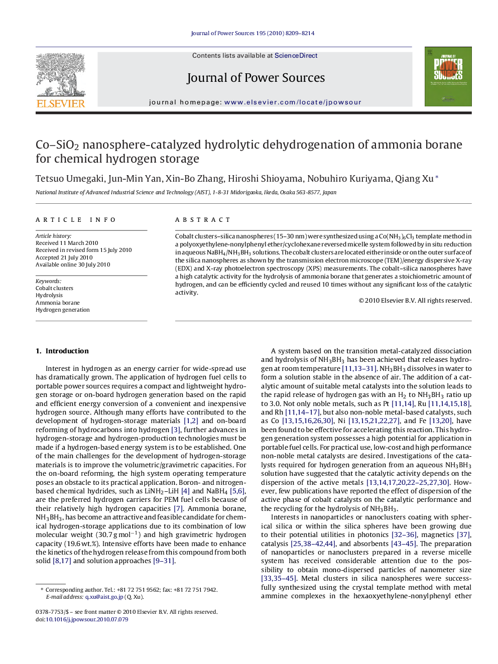 Co–SiO2 nanosphere-catalyzed hydrolytic dehydrogenation of ammonia borane for chemical hydrogen storage