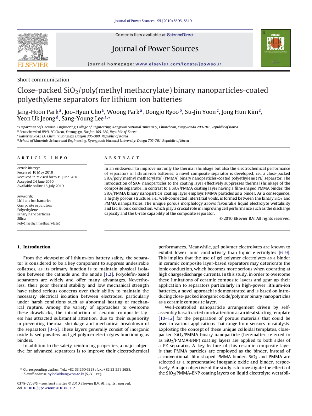 Close-packed SiO2/poly(methyl methacrylate) binary nanoparticles-coated polyethylene separators for lithium-ion batteries