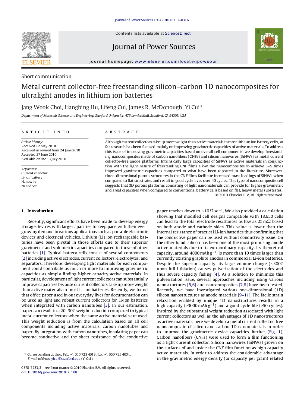 Metal current collector-free freestanding silicon–carbon 1D nanocomposites for ultralight anodes in lithium ion batteries