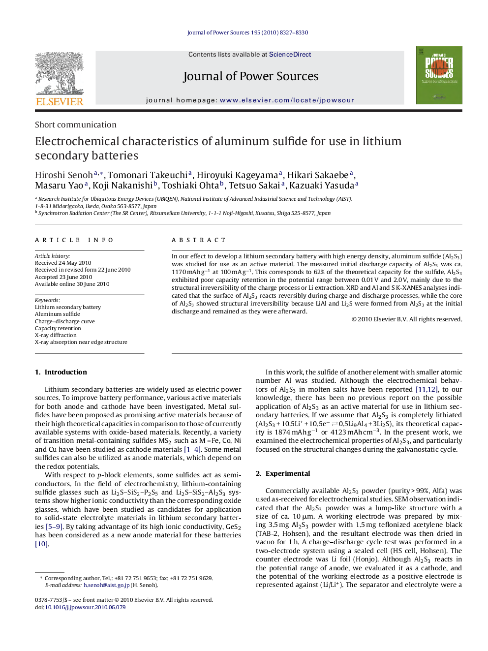 Electrochemical characteristics of aluminum sulfide for use in lithium secondary batteries