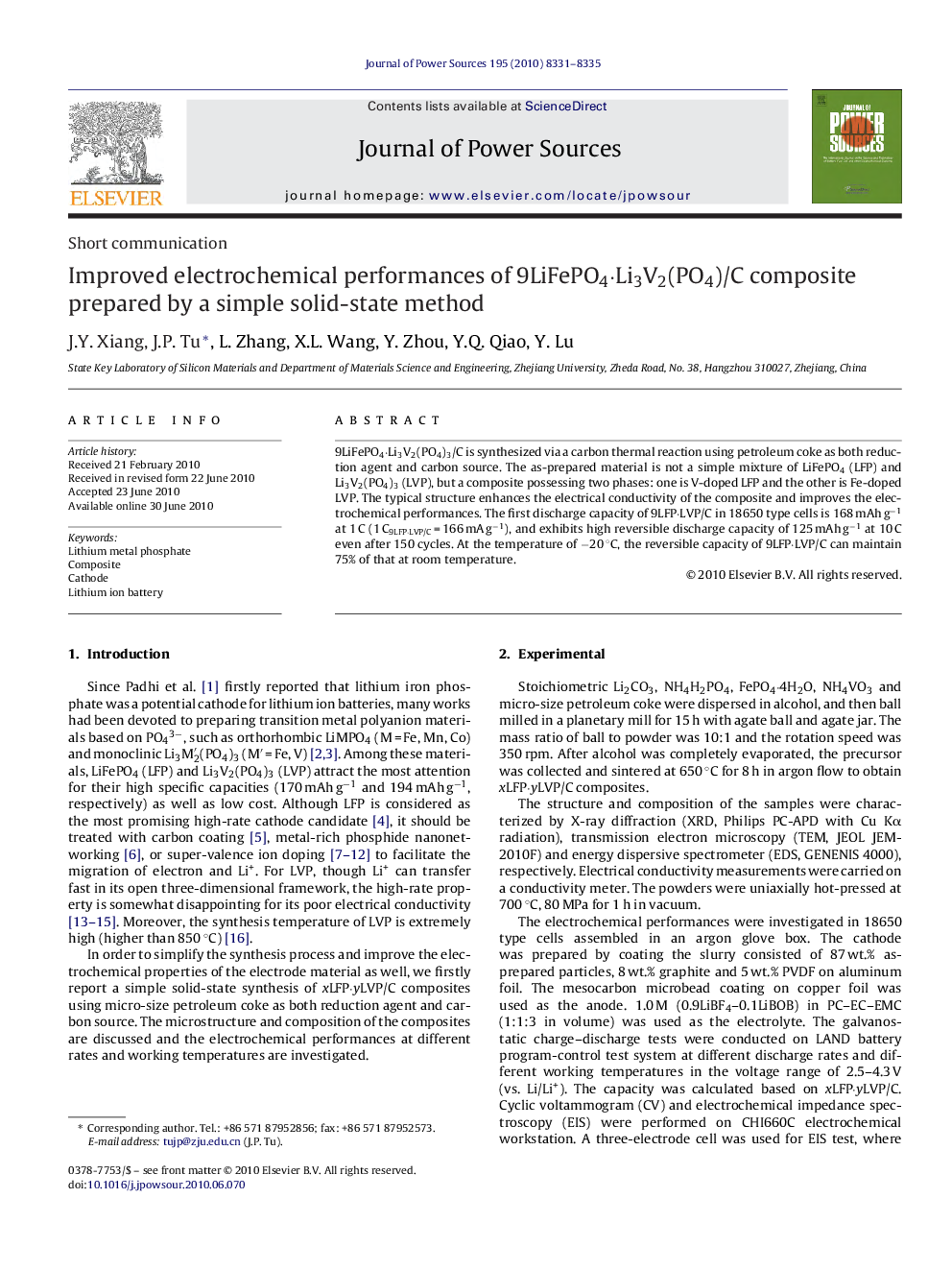 Improved electrochemical performances of 9LiFePO4·Li3V2(PO4)/C composite prepared by a simple solid-state method