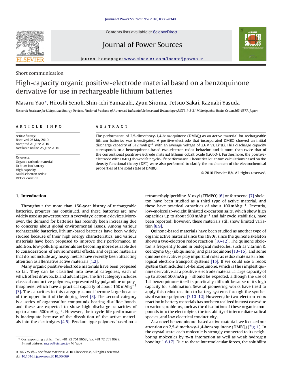 High-capacity organic positive-electrode material based on a benzoquinone derivative for use in rechargeable lithium batteries