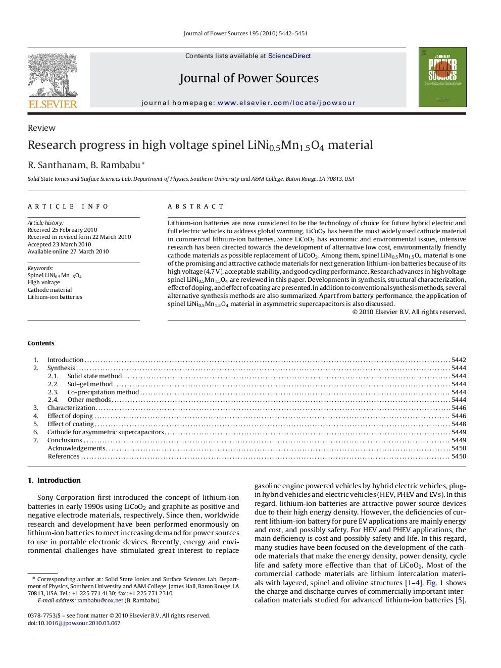 Research progress in high voltage spinel LiNi0.5Mn1.5O4 material