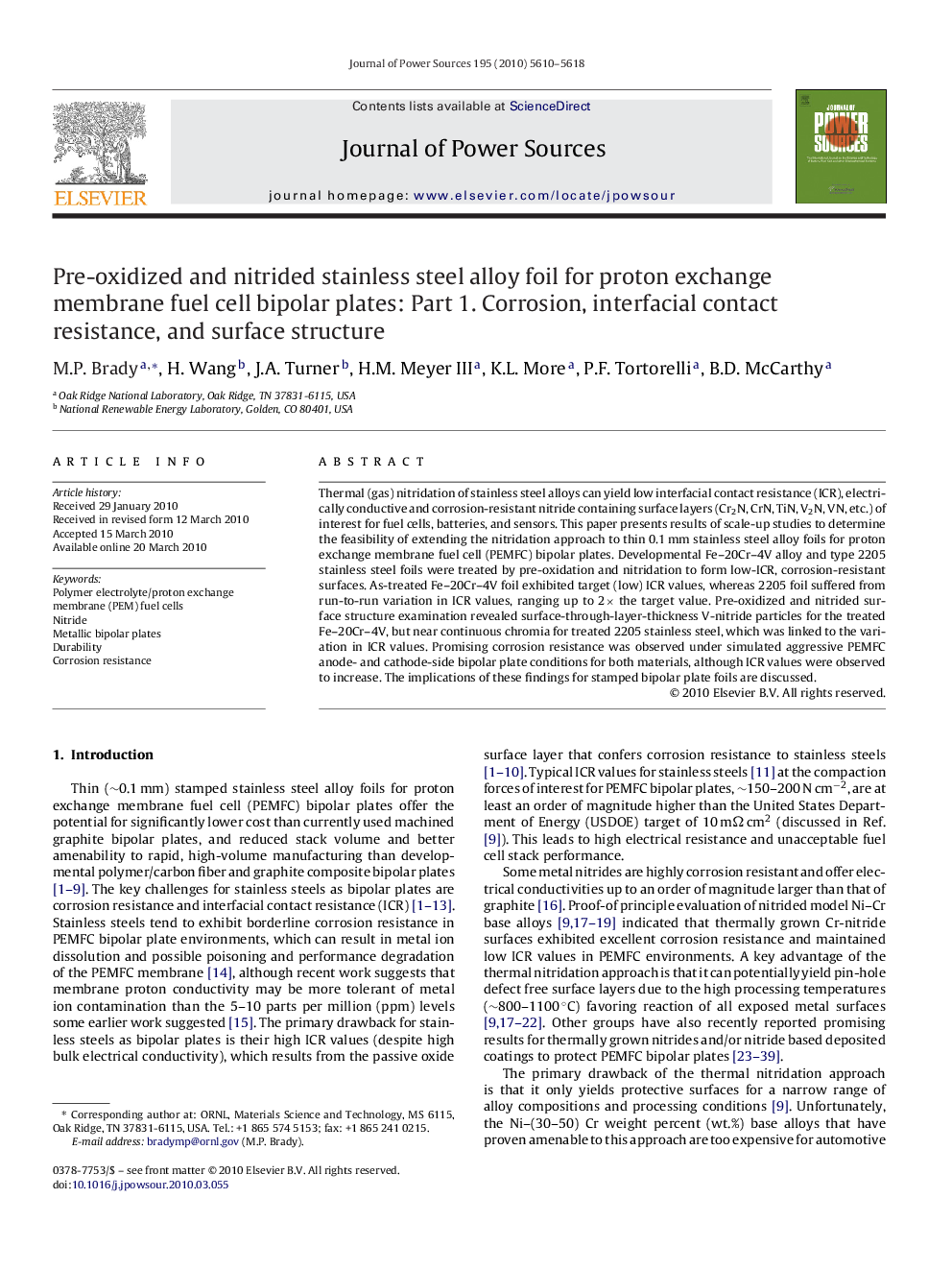 Pre-oxidized and nitrided stainless steel alloy foil for proton exchange membrane fuel cell bipolar plates: Part 1. Corrosion, interfacial contact resistance, and surface structure