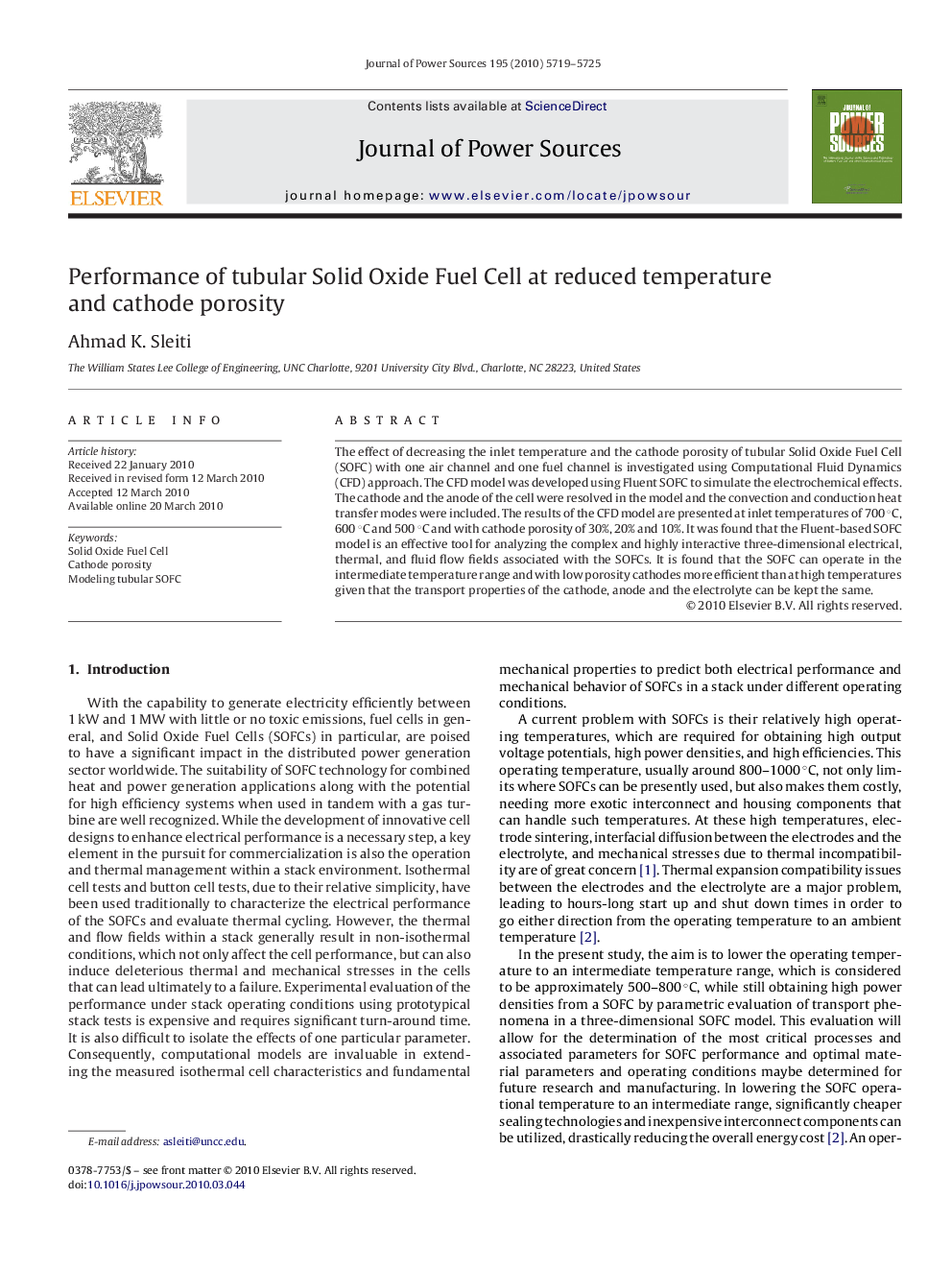 Performance of tubular Solid Oxide Fuel Cell at reduced temperature and cathode porosity