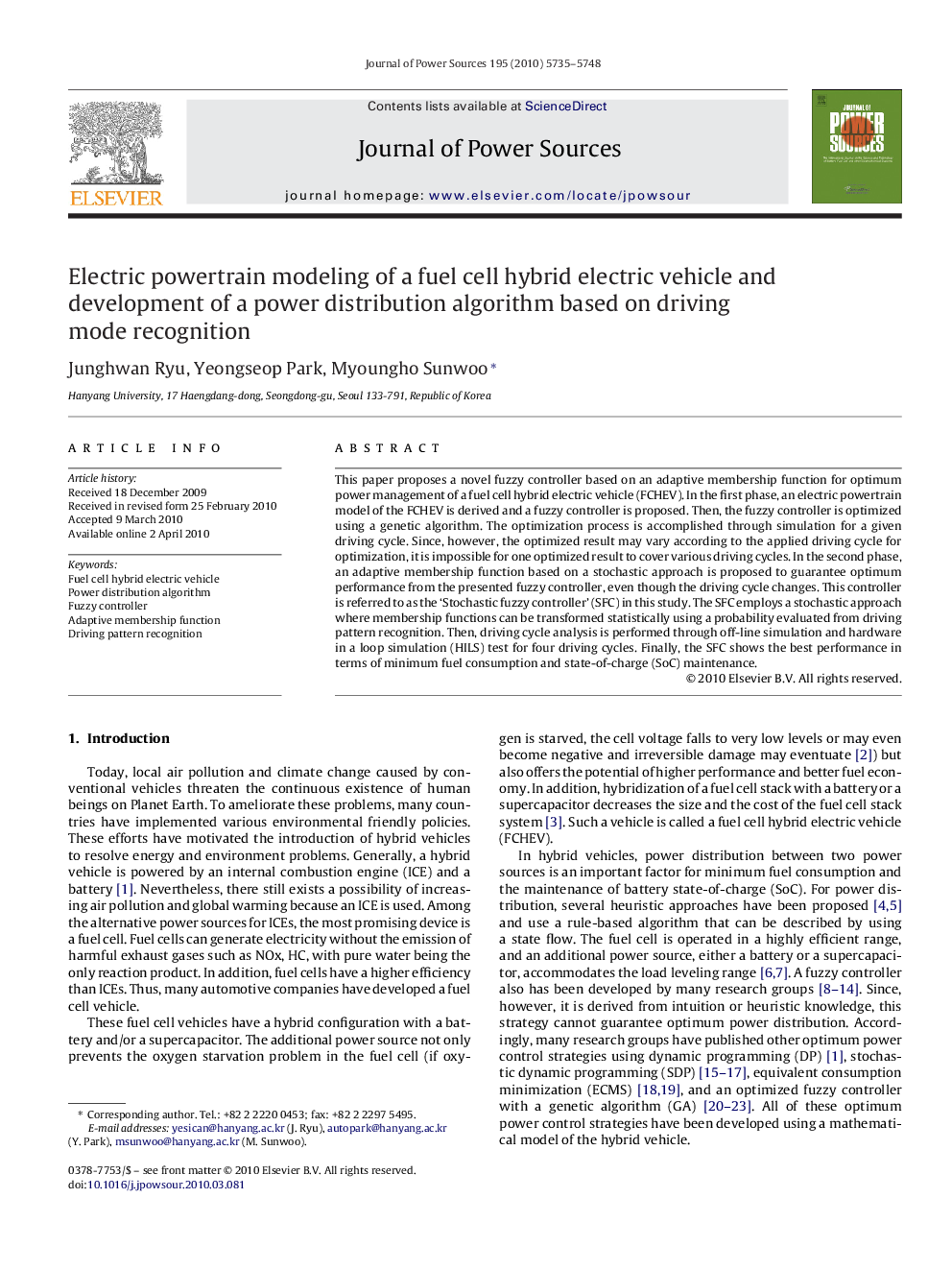 Electric powertrain modeling of a fuel cell hybrid electric vehicle and development of a power distribution algorithm based on driving mode recognition