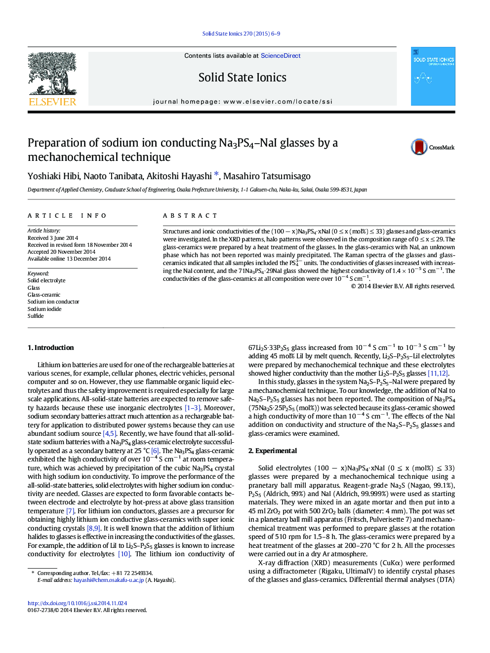 Preparation of sodium ion conducting Na3PS4–NaI glasses by a mechanochemical technique