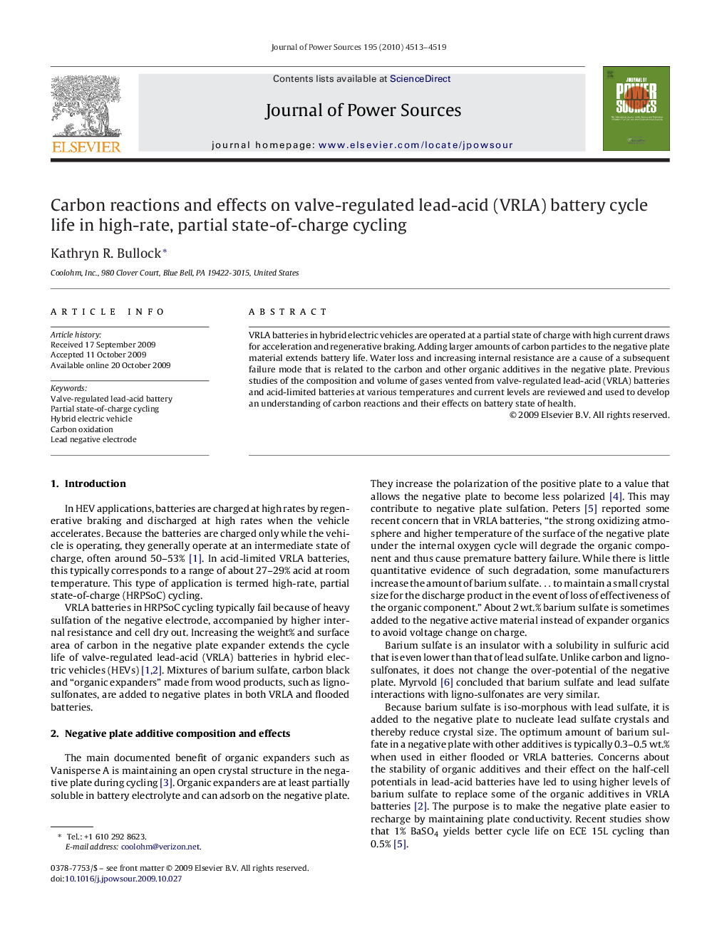 Carbon reactions and effects on valve-regulated lead-acid (VRLA) battery cycle life in high-rate, partial state-of-charge cycling