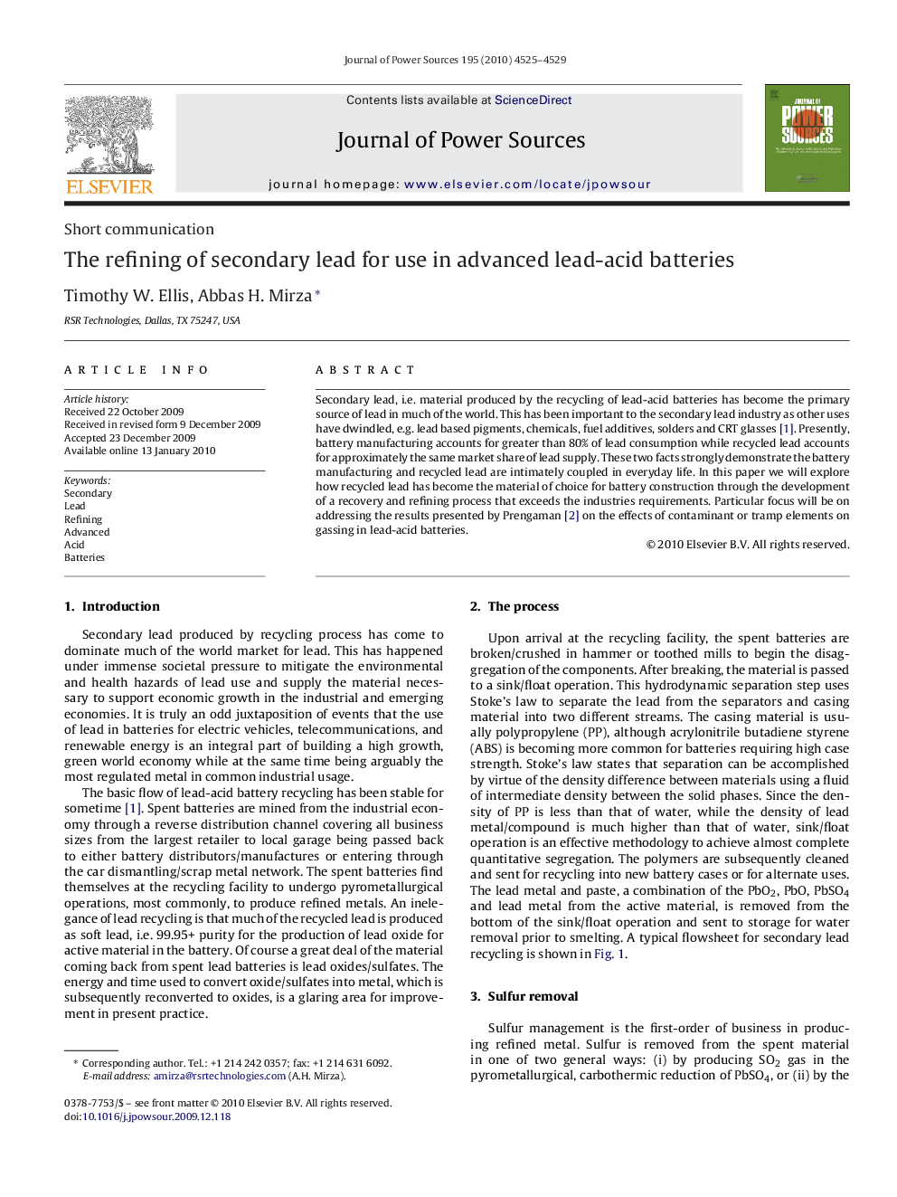 The refining of secondary lead for use in advanced lead-acid batteries