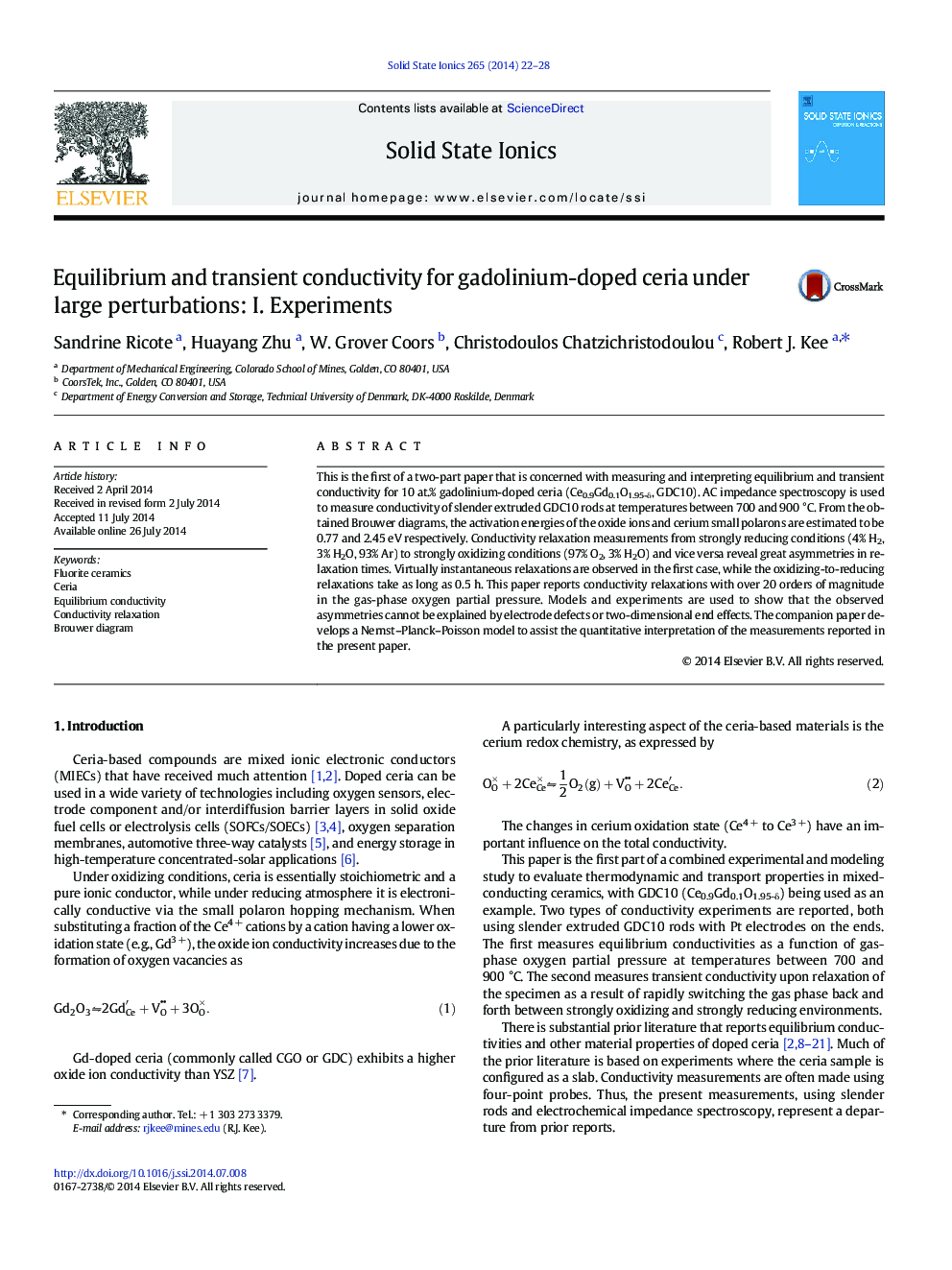 Equilibrium and transient conductivity for gadolinium-doped ceria under large perturbations: I. Experiments