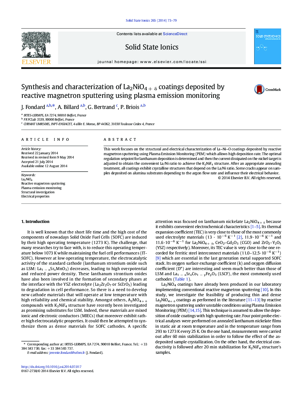 Synthesis and characterization of La2NiO4 + δ coatings deposited by reactive magnetron sputtering using plasma emission monitoring