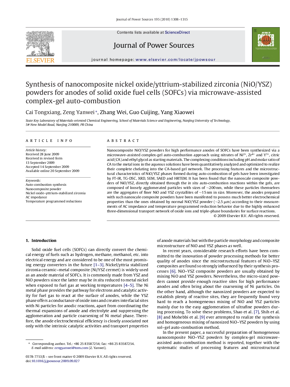 Synthesis of nanocomposite nickel oxide/yttrium-stabilized zirconia (NiO/YSZ) powders for anodes of solid oxide fuel cells (SOFCs) via microwave-assisted complex-gel auto-combustion