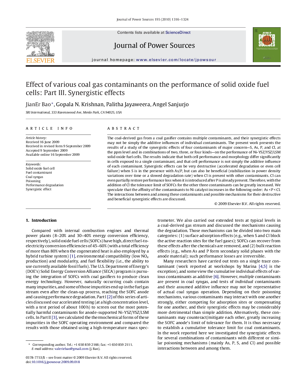 Effect of various coal gas contaminants on the performance of solid oxide fuel cells: Part III. Synergistic effects