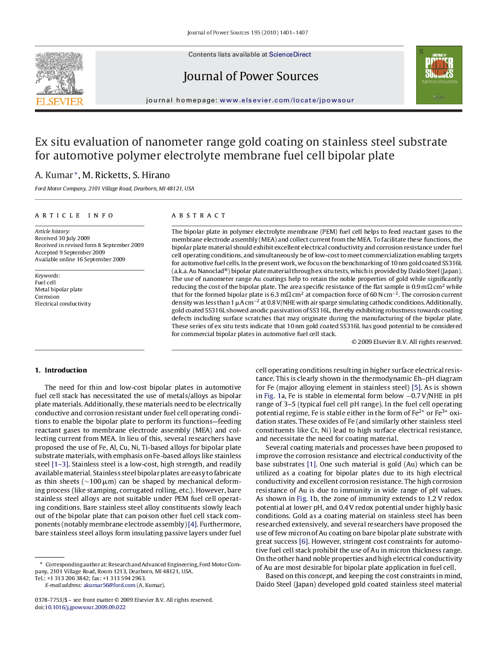 Ex situ evaluation of nanometer range gold coating on stainless steel substrate for automotive polymer electrolyte membrane fuel cell bipolar plate