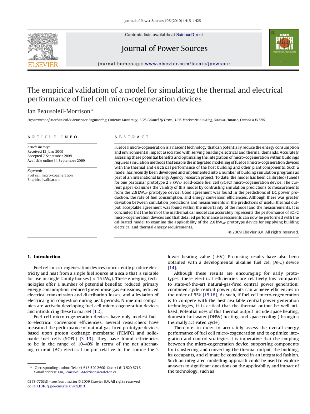 The empirical validation of a model for simulating the thermal and electrical performance of fuel cell micro-cogeneration devices