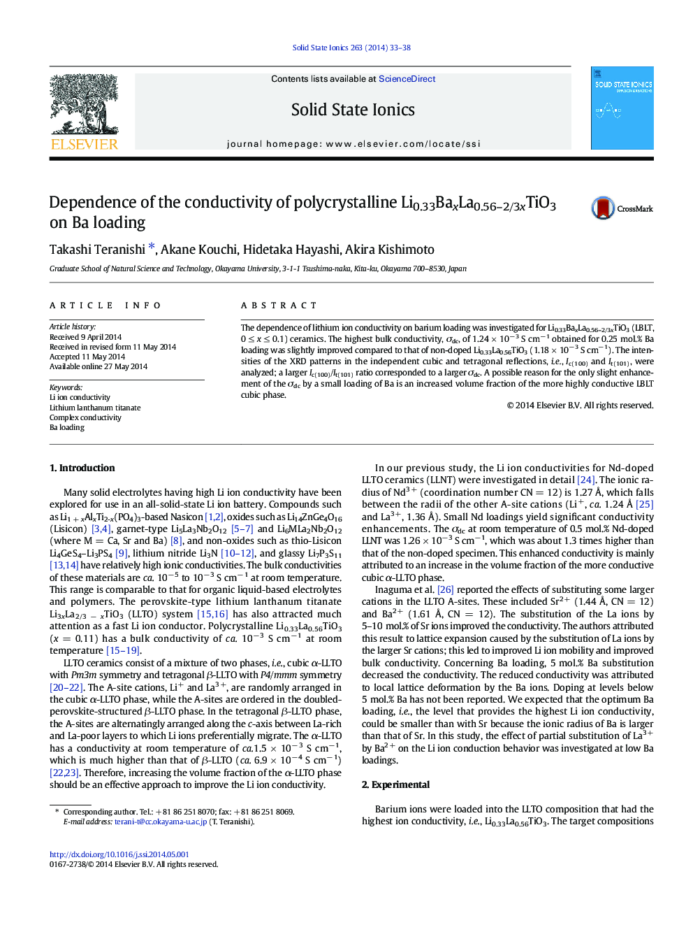 Dependence of the conductivity of polycrystalline Li0.33BaxLa0.56–2/3xTiO3 on Ba loading